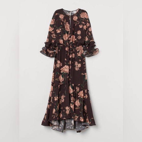 Johanna Ortiz x H&M Floral Maxi Dress with Ruffled Statement Sleeves Brown XS - Picture 2 of 14